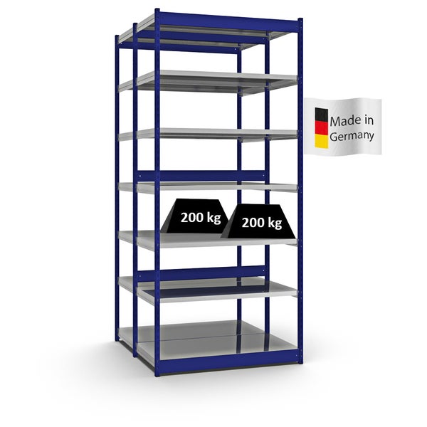 PROREGAL Fachbodenregal Stecksystem Vierkant-Profil Grundregal HxBxT 300 x 132,5 x 60 cm 2x7 Ebenen Doppelseitige Bauart Fachlast 200 kg Enzianblau