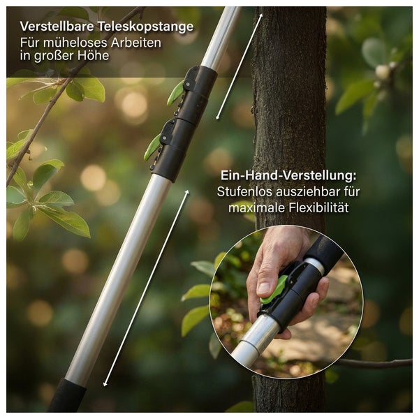 Verstellbare Teleskopstange aus Metall mit Einhand-Verstellung für Gartenarbeiten in großen Höhen.