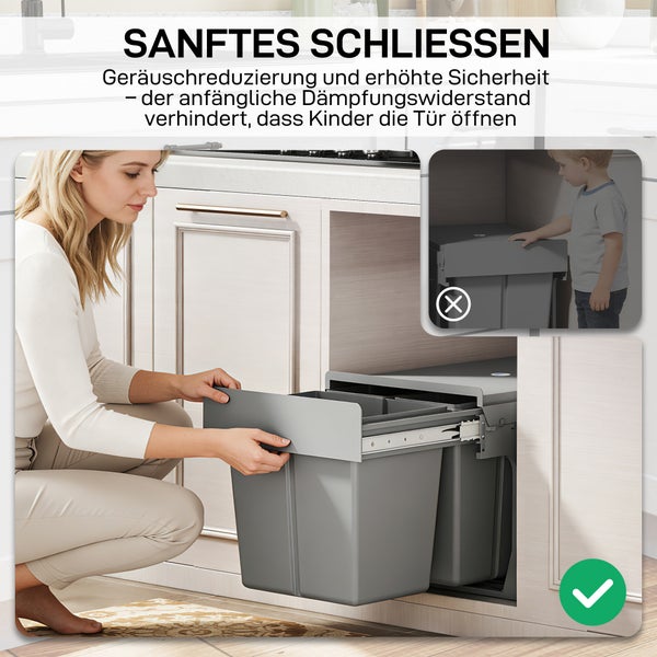 Einbauabfallsystem mit Soft Close Mechanik in einem Küchenunterschrank, das ein sanftes Schließen und erhöhte Kindersicherheit gewährleistet.