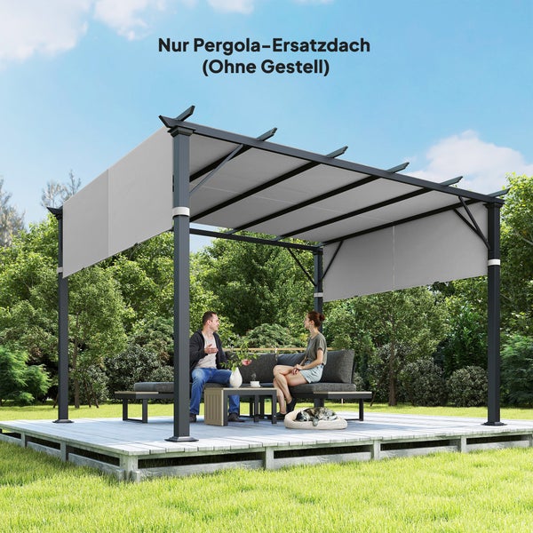 Pergola-Ersatzdach aus grauem Stoff auf einem dunklen Gestell über einem Loungebereich auf einer Holzterrasse im Garten.