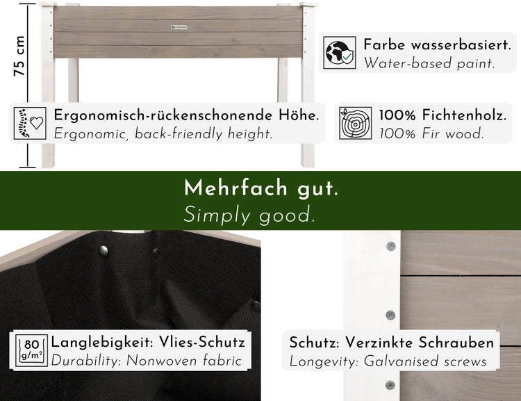 Informationen zum Hochbeet: Höhe 75 cm, ergonomische Höhe, wasserbasierte Farbe, 100 Prozent Fichtenholz, langlebiges Vlies, verzinkte Schrauben