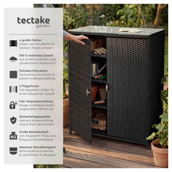 tectake garden Logo. Polyrattan-Gartenschrank mit Glasplatte, zwei Türen und vier Fächern auf einer Holzterrasse, modern und organisiert gestaltet.