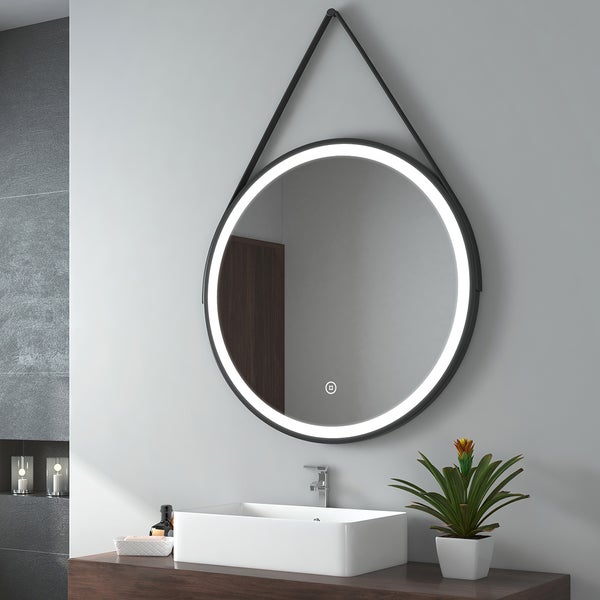 EMKE Badspiegel mit Beleuchtung Ø80 cm, Kaltweiß, Helligkeit einstellbar, Anti-Beschlag, Touchschalter, schwarzer Rahmen mit Deko-Aufhängung, IP44, Wandmontage, für Bad