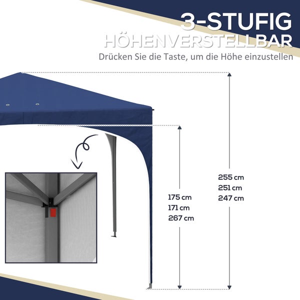 Outsunny Pavillon 2,95 x 2,95 cm Faltpavillon mit UV-Schutz, höhenverstellbares Pop Up Pavillon mit Tragetasche, Sandsack, Gartenzelt für Balkon, Terrasse, Oxford, Stahl, Blau