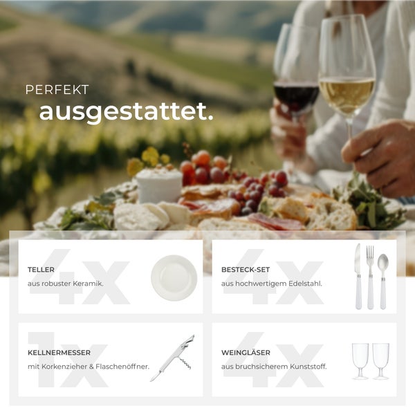 Szene mit Tellern aus robuster Keramik, Besteckset aus hochwertigem Edelstahl, Kellnermesser mit Korkenzieher und Flaschenöffner, Weingläser aus bruchsicherem Kunststoff.