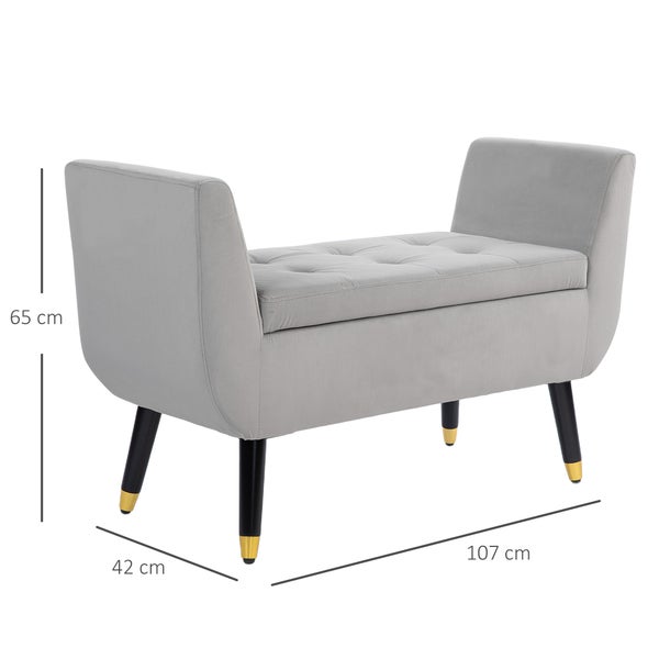 HOMCOM Sitzbank mit Stauraum Armlehnen Polsterbank mit Samtoptik, Sitztruhe mit Holzbeine, Truhenbank für Wohnzimmer Schlafzimmer Flur 107 x 42 x 65 cm, Hellgrau