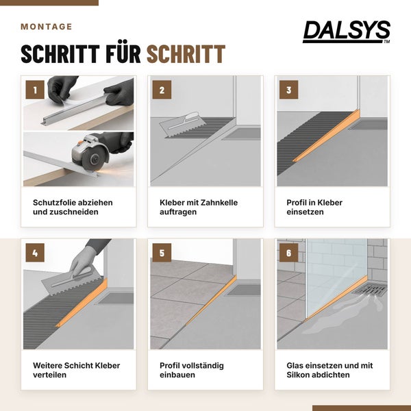 Dalsys Logo Montageanleitung Schritt für Schritt für Duschprofil. Sechs Schritte zeigen das Vorbereiten, Kleben und Einsetzen des Duschprofils.