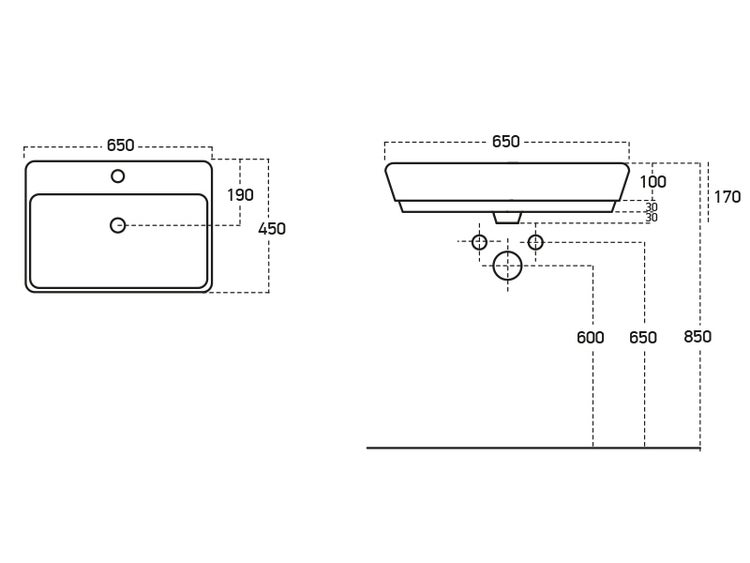 Technische Zeichnung eines Waschbeckens mit Maßangaben
