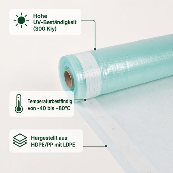 Gitterfolie auf Rolle mit UV Beständigkeit 300 Kly, temperaturbeständig von minus 40 bis plus 80 Grad Celsius aus HDPE, PP und LDPE