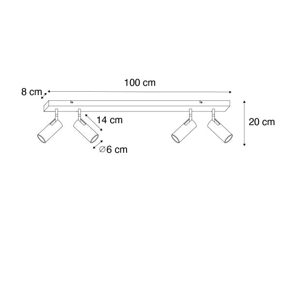 Technische Zeichnung einer Deckenleuchte mit vier Strahlern und Maßangaben