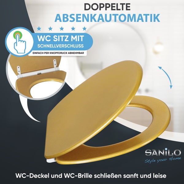 WC-Sitz mit doppelter Absenkautomatik und Schnellverschluss für einfaches Abnehmen. SANILO Logo.