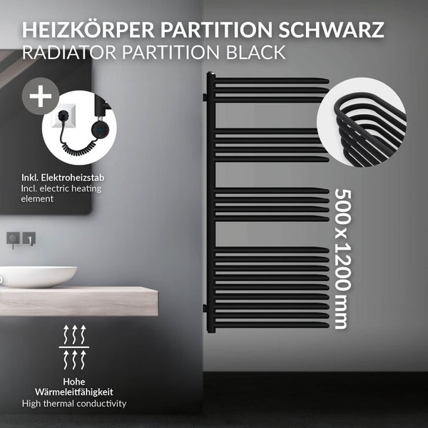 LuxeBath Elektrischer Badheizkörper 500x1200 mm Schwarz matt + Heizstab 1200W mit Thermostat Digitalanzeige, Heizkörper + Heizpatrone, Handtuchtrockner Handtuchwärmer Handtuchheizkörper Handtuchhalter