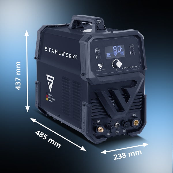 STAHLWERK CUT 80 P Digital Plasmaschneider mit den Maßen 437 mm Höhe, 485 mm Länge und 238 mm Breite.