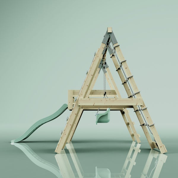 Klettergerüst aus Holz für Kinder mit Schaukel, Kletternetz, Leiter und Rutsche.