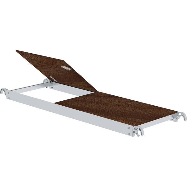 Gerüstplattform aus Aluminium mit Holzbelag und integrierter Durchstiegsklappe.