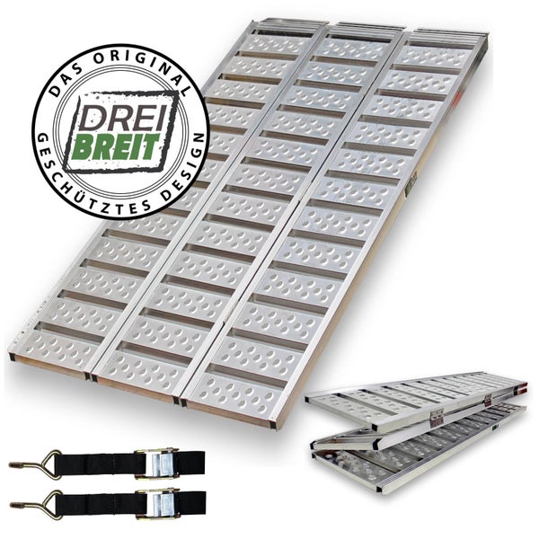Drei Aluminium Auffahrrampen mit Befestigungsgurten