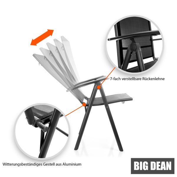 BigDean 2 Stück Gartenstühle 120 kg belastbar Balkonstühle Gartenstuhl - Klappstuhl mit 7-fach verstellbarer Rückenlehne – hochwertiger Campingstuhl für Balkon, Garten & Terrasse – dunkelgrau/schwarz