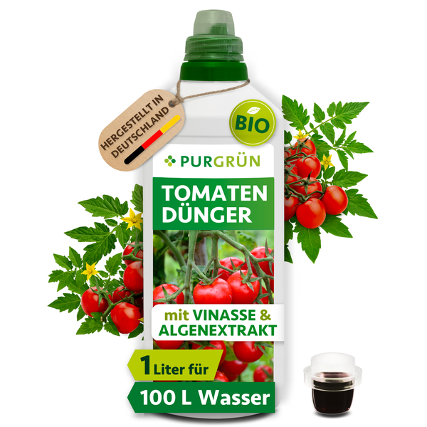 Purgrün Bio Tomatendünger mit Vinasse und Algenextrakt, 1 Liter Flasche für 100 Liter Gießwasser, organischer Dünger für Tomatenpflanzen.