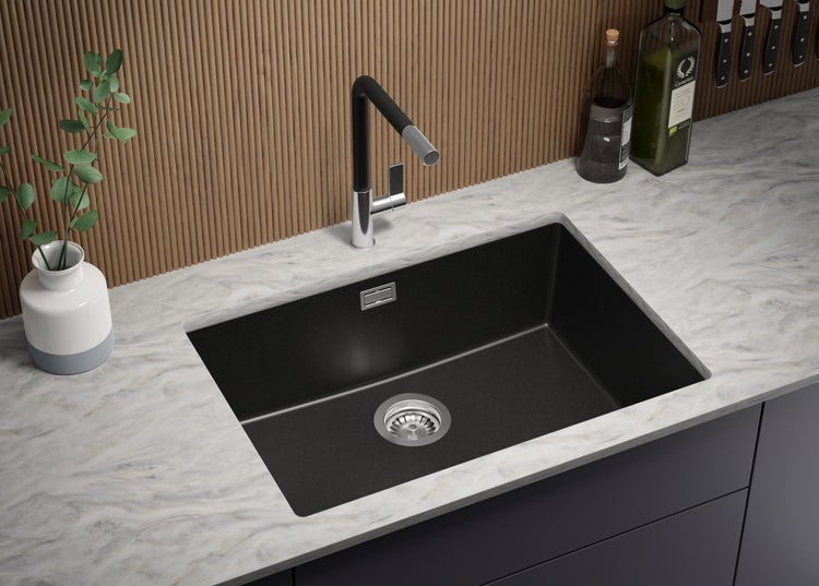 PRIMAGRAN Unterbauspüle Granit Alles Schwarz 66x47cm, Spülbecken 1 Becken + Ablauf-Set, Granitspüle ab 70er Unterschrank - London