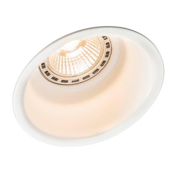 Runder Einbaustrahler mit tief sitzendem Leuchtmittel für blendfreies Licht.