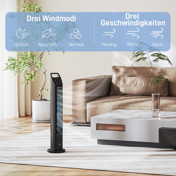 HOMCOM Turmventilator, Standventilator mit 3 Modi, Fernbedienung, 50W Ventilator mit 4H Timer, 75° Oszillation, für Schlafzimmer, Schwarz