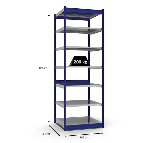 PROREGAL Fachbodenregal Stecksystem Vierkant-Profil Grundregal HxBxT 300 x 102,5 x 80 cm 7 Ebenen Einseitige Bauart Fachlast 200 kg Enzianblau