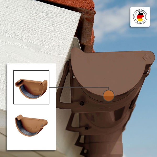 Braune Kunststoff-Dachrinnenendstücke für links und rechts an einer Dachrinne am Hausdach montiert, Hergestellt in Deutschland.
