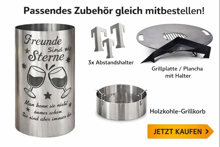 Zubehör für Feuerstelle: Edelstahlbehälter mit Gravur, drei Abstandshalter, Grillplatte mit Halter und Holzkohle Grillkorb.