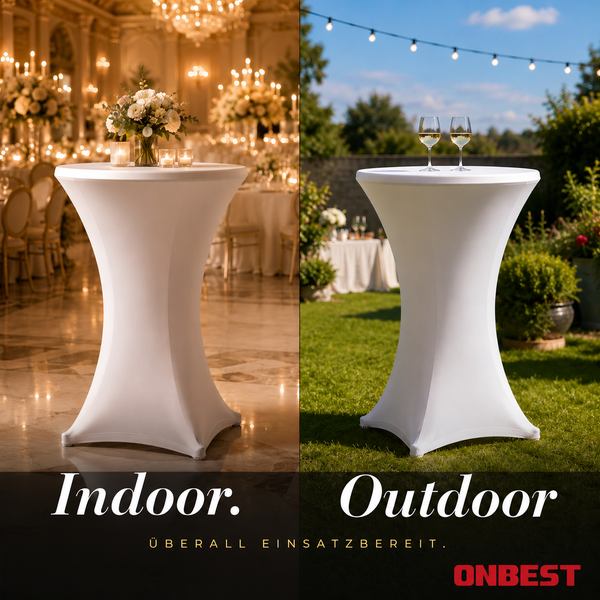 Stehtisch mit weißer Stretch-Husse für Innen und Außen: links in einem Festsaal mit Blumen, rechts im Garten auf Rasen. ONBEST Logo.