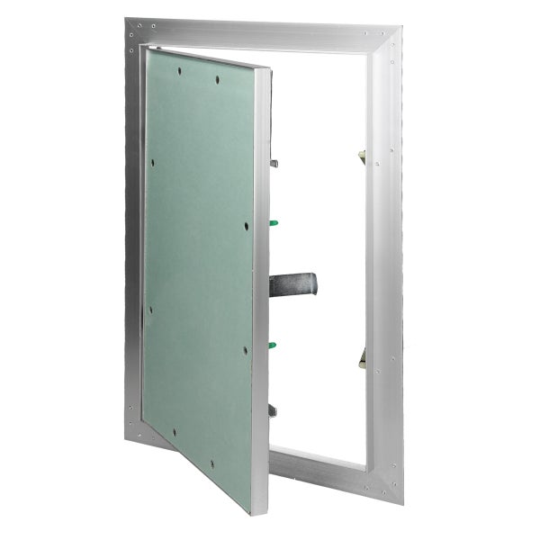 Revisionsklappe aus Aluminium mit Gipskartoneinlage für den Trockenbau, geöffnet dargestellt.