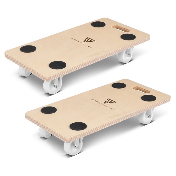 Zwei Möbelroller aus Multiplex-Holz von Stahlwerk mit vier Lenkrollen und schwarzen Antirutsch-Punkten.