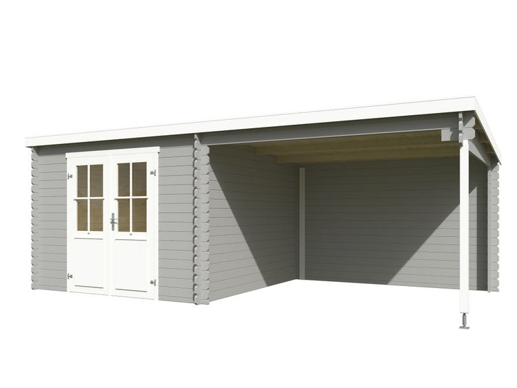 Gartenhaus aus Holz in Grau mit Flachdach, Doppeltür mit Lichtausschnitten und integriertem Schleppdach.