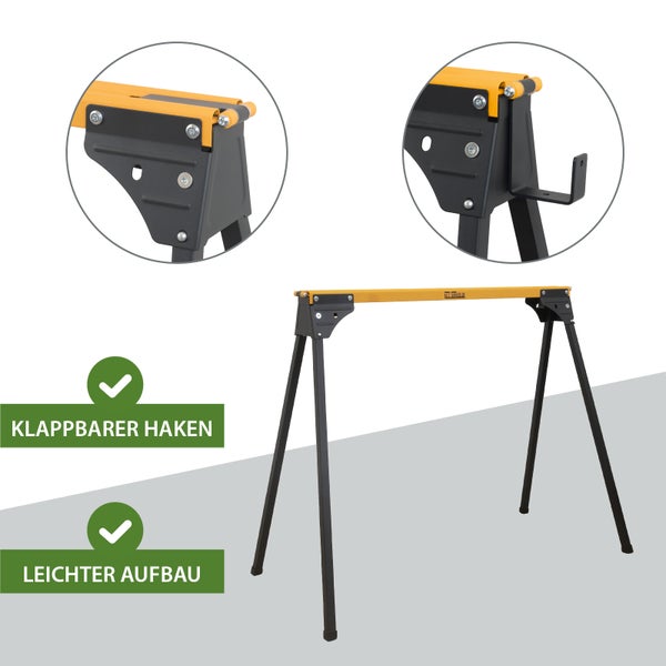 Klappbarer Arbeitsbock aus Metall von Trutzholm mit ausklappbaren Haken, Hinweisen zum leichten Aufbau und Trutzholm Logo.