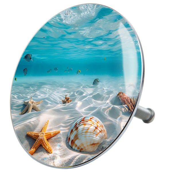 Runder Möbelknauf mit Unterwasserwelt Motiv, Seestern und Muschel auf sandigem Boden, für Schränke und Kommoden.