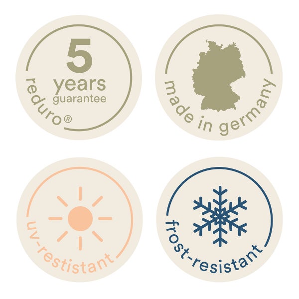 Symbolgruppe mit 5 Jahren Reduro Garantie, hergestellt in Deutschland, UV beständig und frostbeständig.
