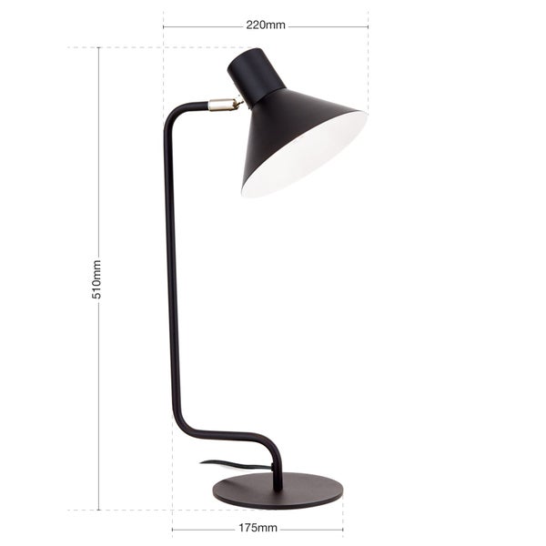 Schreibtischleuchte mit den Maßen 510 mm Höhe, 220 mm Ausladung und 175 mm Fußdurchmesser.