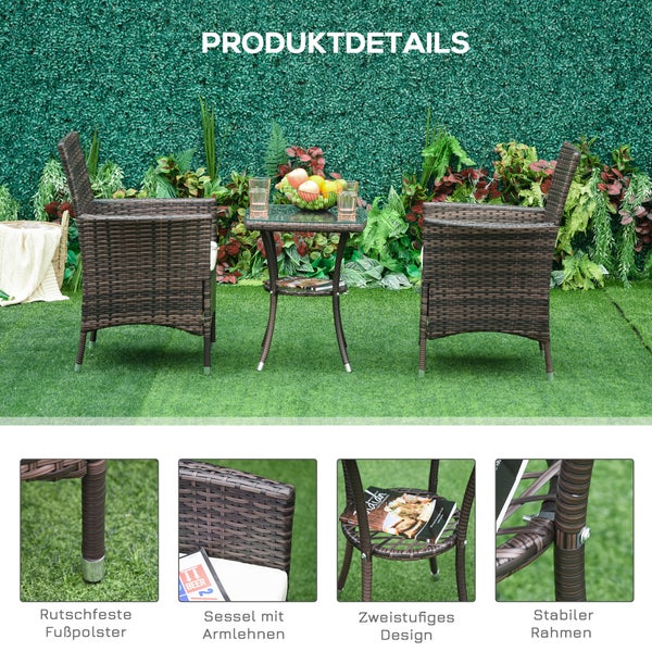 Outsunny 3-tlg. Gartenmöbel-Set, B60 x T58,5 x H89,5 cm, Metall, PE-Rattan, Polyester, Schaumstoff, braun