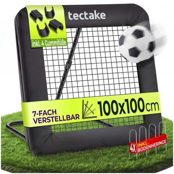 Tectake Fußball Rebounder mit Netz, 7-fach verstellbar, Größe 100 mal 100 Zentimeter, inklusive vier Gummifüßen und vier Bodenheringen.