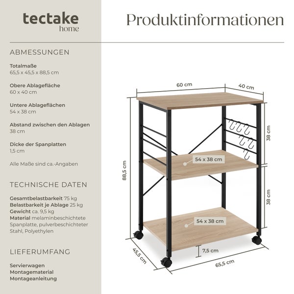 Servierwagen tectake Rugby inklusive 6 Haken, 65,5 x 45,5 x 88,5 cm Industrial Style Industrial Holz hell, Eiche Sonoma