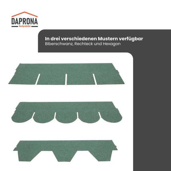 Daprona Logo, Dachschindeln verfügbar in drei verschiedenen Mustern: Biberschwanz, Rechteck und Hexagon.