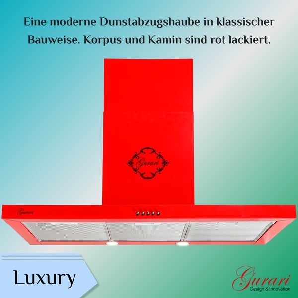 Moderne Wandessen Dunstabzugshaube in klassischer Bauweise mit Metallfettfiltern und Gurari Logo