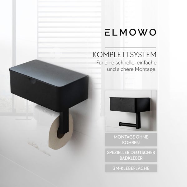 Toilettenpapierhalter mit Ablage von Elmowo, Montage ohne Bohren mit speziellem Badkleber und drei M Klebefläche für einfache Wandbefestigung.