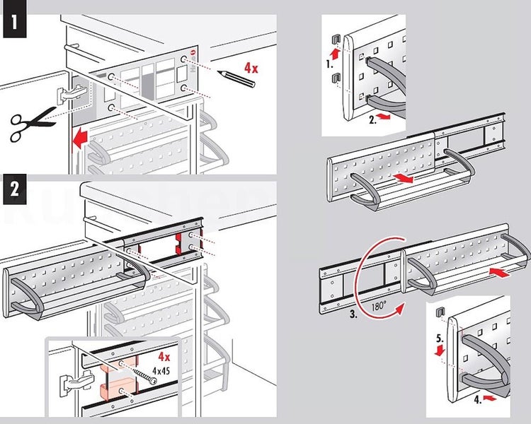 Montageanleitung für ein Küchen-Auszugsystem mit Schritten zum Markieren, Verschrauben und Zusammenfügen der Schienenteile.