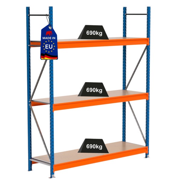Lagerregal mit drei Ebenen und einer Traglast von 690 Kilogramm pro Ebene