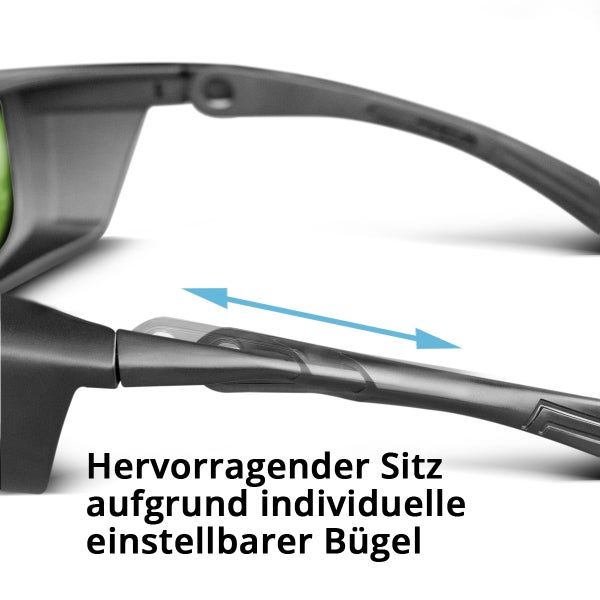 Detailaufnahme einer Schutzbrille mit verstellbaren Bügeln