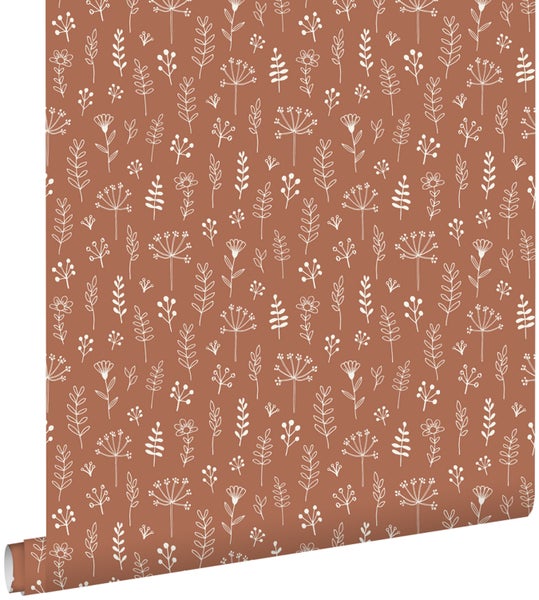 ESTAhome Tapete Blumenmuster Terrakotta und Weiß - 53 cm x 10.05 m - 139325