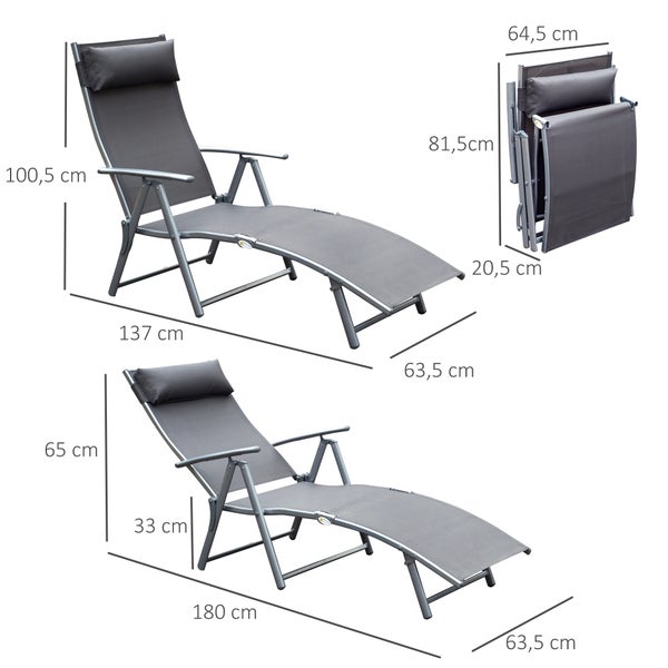 Outsunny Sonnenliege, Strandliege, klappbar, verstellbar, mit Kissen, 137 x 63,5 x 100,5 cm, Metall, Stoff, Grau