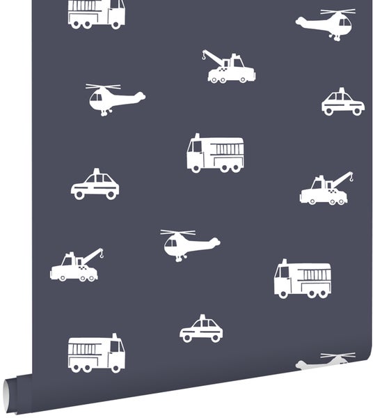 ESTAhome Tapete Autos, Löschfahrzeuge, Hubschrauber und Kräne Dunkelblau - 53 cm x 10.05 m - 138916