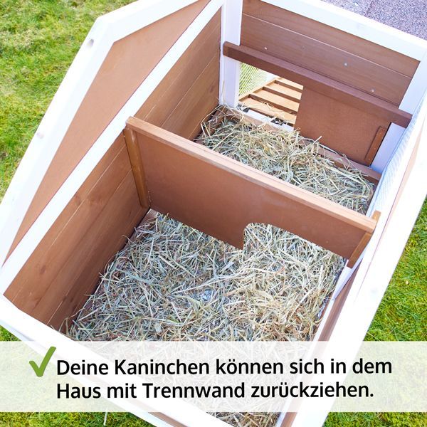 Innenansicht eines Kaninchenstalls aus Holz mit Trennwand und Heu.