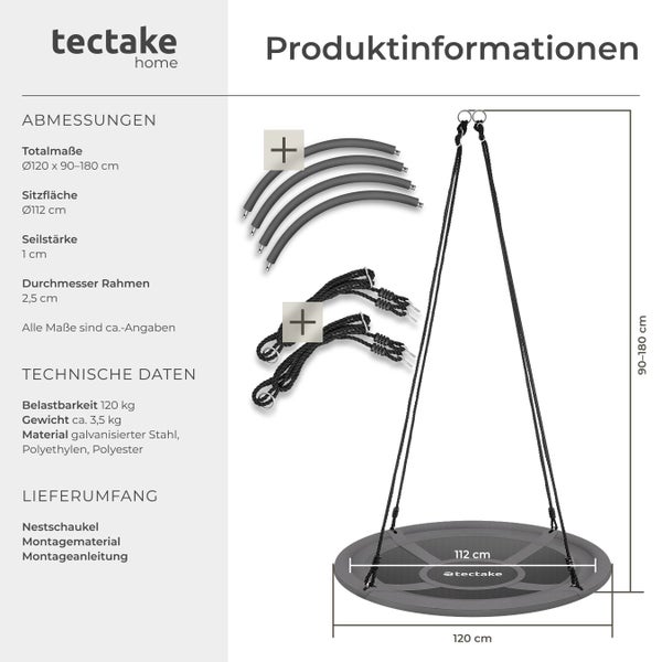 Tectake Home Logo, Nestschaukel mit Abmessungen und technischen Daten, Durchmesser 120 Zentimeter, Belastbarkeit bis 120 Kilogramm.